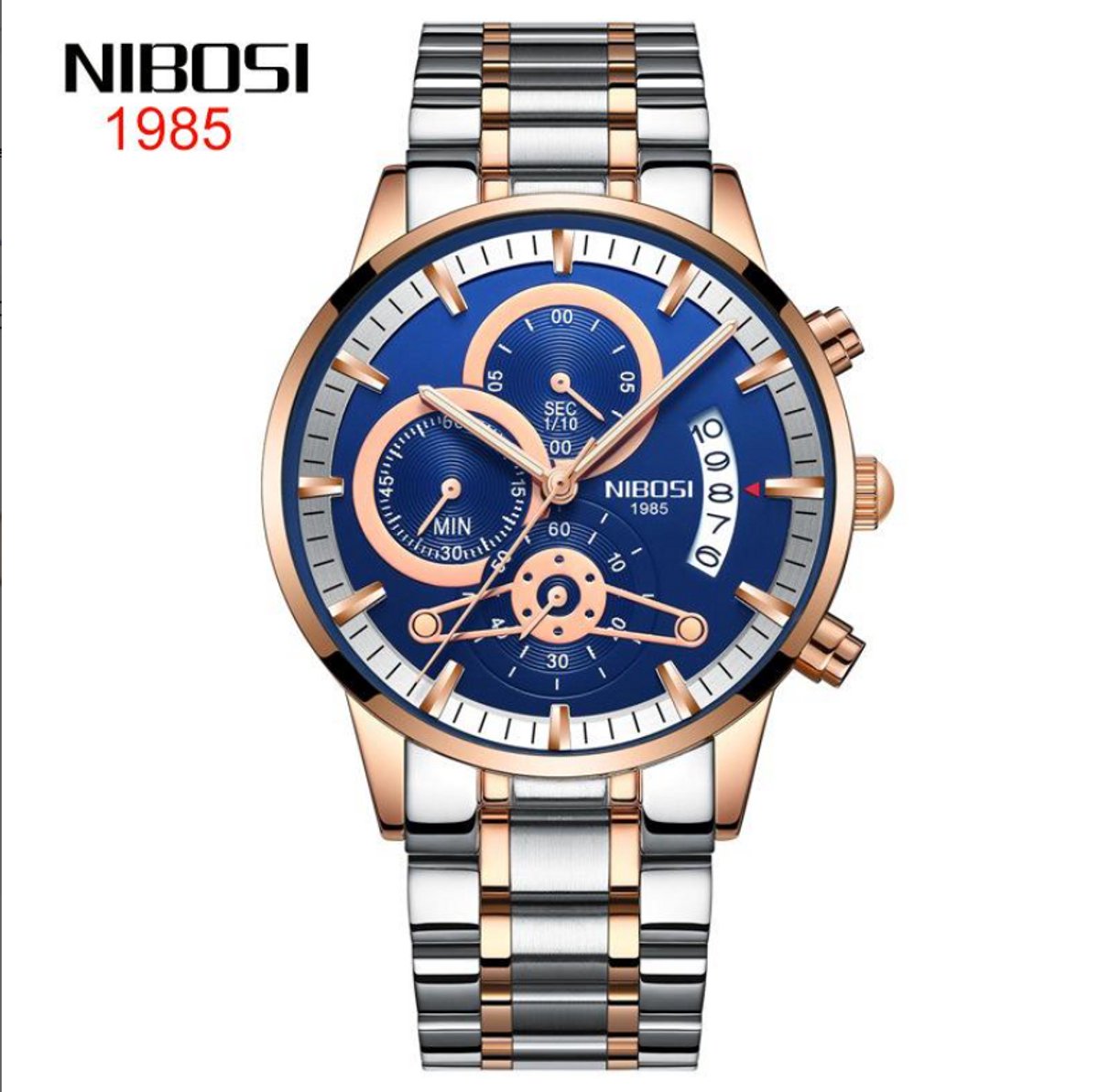 NIBOSI Horloge 2309 - Zilverkleurig-Bronskleurig-Blauw - Heren - Quartz - Chronograaf - Stalen Band - Luxe en Stijlvol