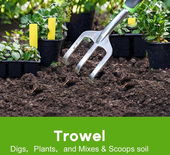 3-delige Tuingereedschapset - Tuingereedschap - Tuingereedschapset voor binnen en buiten - Met zacht rubber - Antislip - Ergonomische handgreep - Geschikt voor tuinieren, planten, potten, wieden, grond losmaken - Groen van Hoffmans — afbeelding 5
