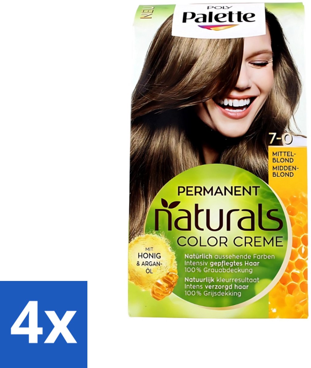 4 x Poly Palette - Haarverf - Middenblond 7-0 - 115ml - Haarverf - Permanente Haarverf - Middenblond - Grijsdekking - Cacaoboter