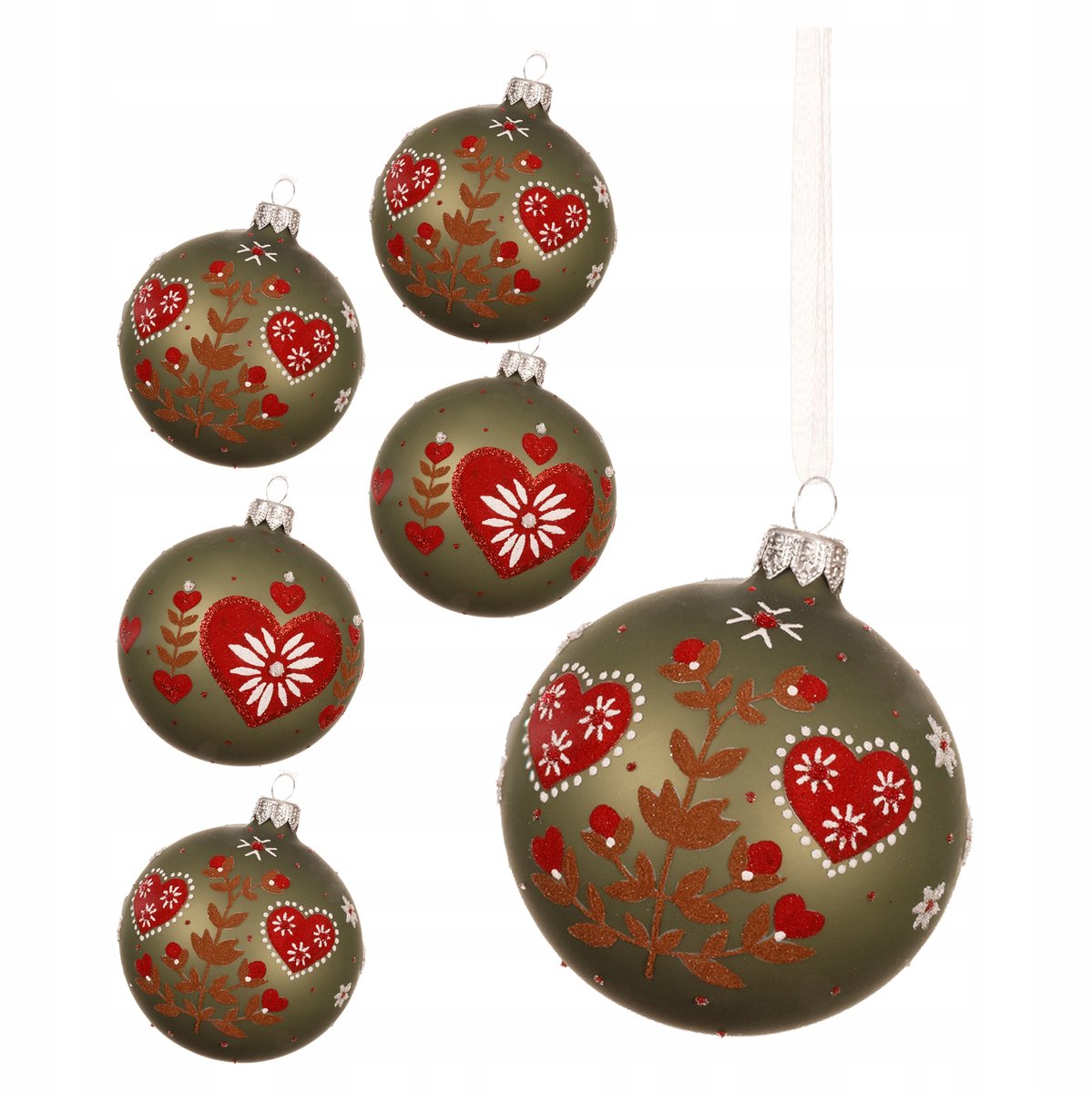 Glazen Matgroene Kerstballen 8cm Hart MIX - Set bevat 6