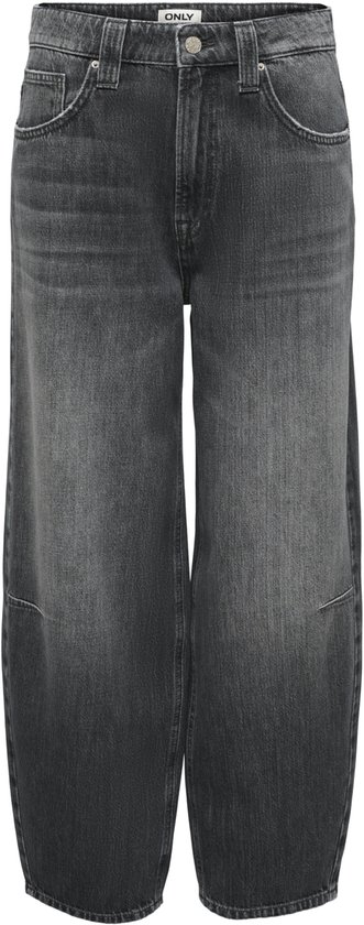 Grijze denim spijkerbroek met wijde pijpen en een hoge taille. De broek heeft een verweerde look.