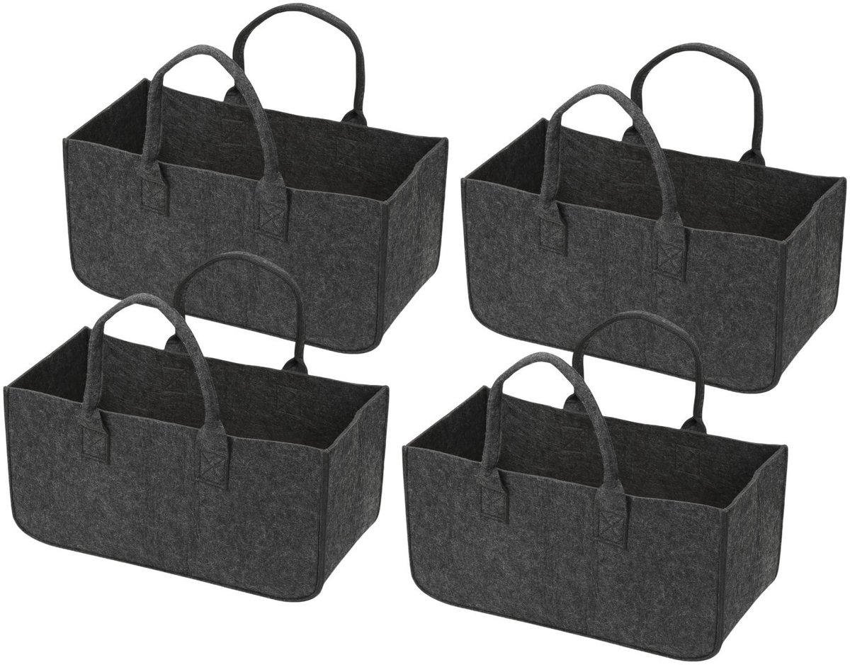 4x Houtmand vilt Donkergrijs- Brandhout mand - Haardhoutopslag voor kamperen - Houtmand voor binnen 50x25x25cm