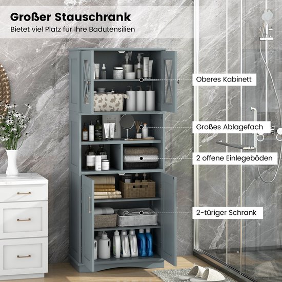 COSTWAY Badkamerkast, vrijstaande hoge kast met verstelbare planken, deuren en 3 vakken, badkamerkast met kantelbeveiliging voor badkamer, keuken, woonkamer, 60 x 30 x 145 cm (grijs)