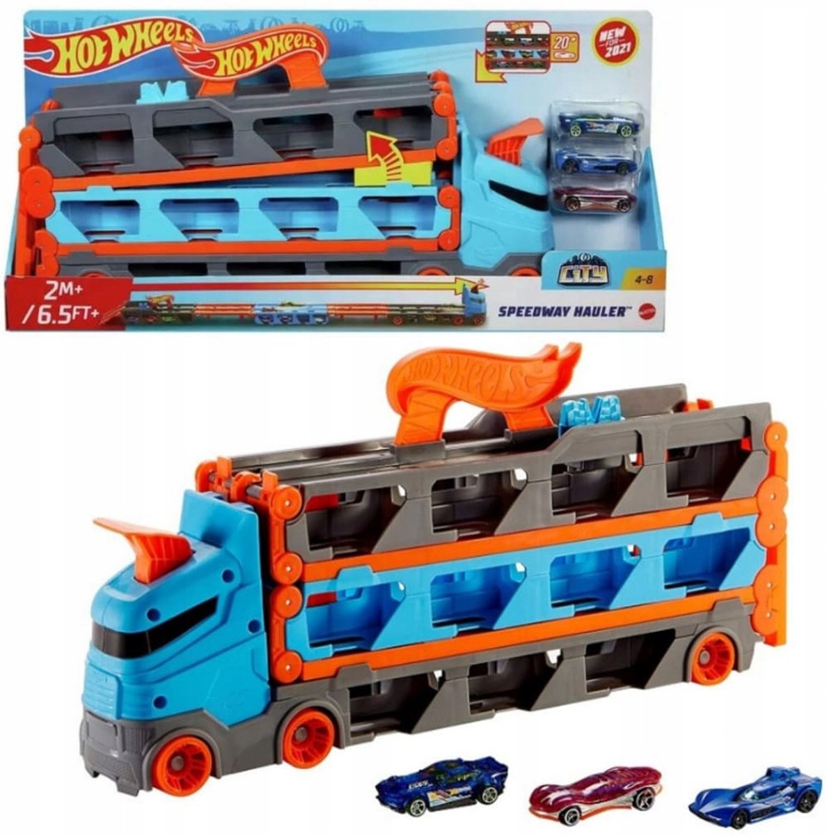 Hot Wheels Transporter 2-in-1: Racebaan & Truck met 20+ Auto's