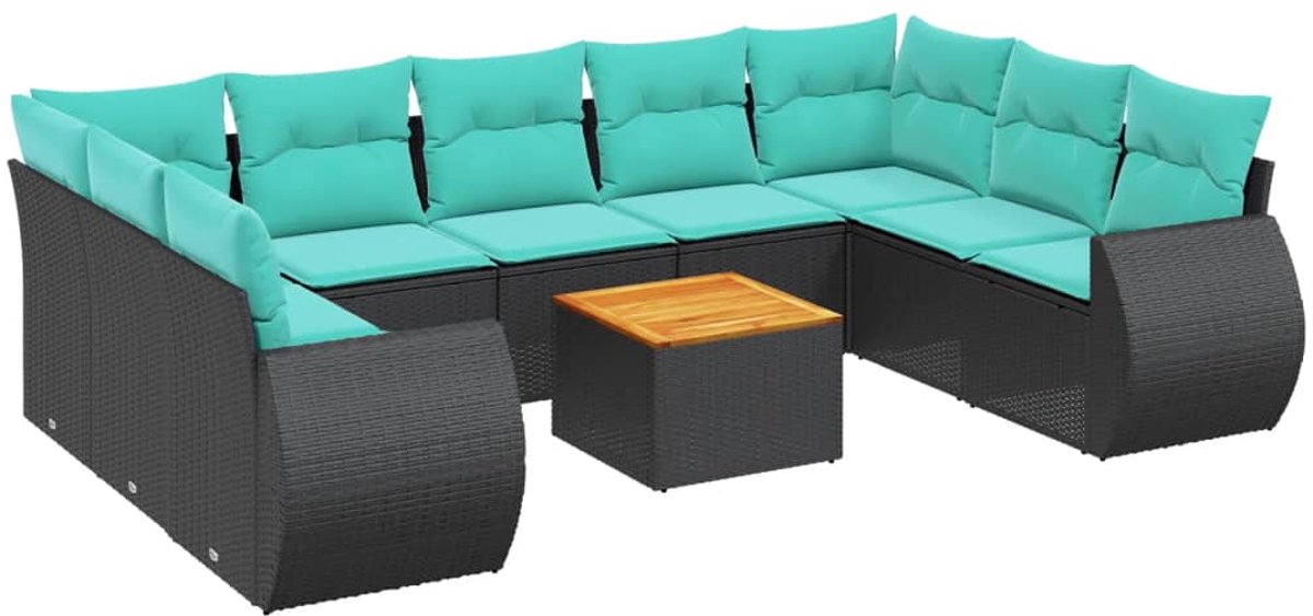 vidaXL - 10-delige - tuinbankset - met - kussens - van - zwart - polyrotan