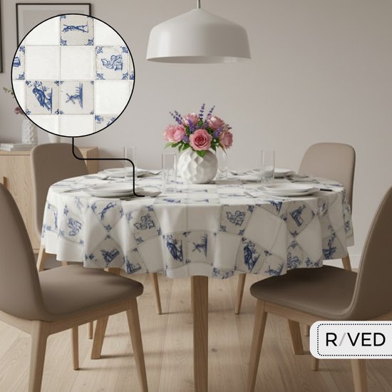 Nappe Ronde Raved - Carreaux Argile/ Blauw Delft 160 cm ø - PVC - Lavable