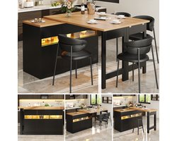 Uitschuifbare Bartafel met LED (120-180 cm) - 360° Draaibare Moderne Keuken Eiland met Opbergruimte - Voor Woonkamer, Eetkamer & Kantoor