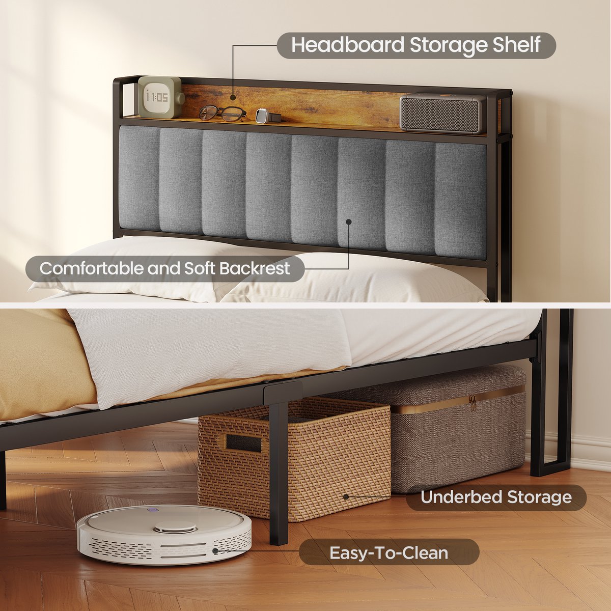 Xbro Gestoffeerd Bed 120 x 200 cm - Tweepersoonsbed met 35 cm Opbergruimte - Lichtgrijs — cadeau in Cadeau-ideeën - foto 6
