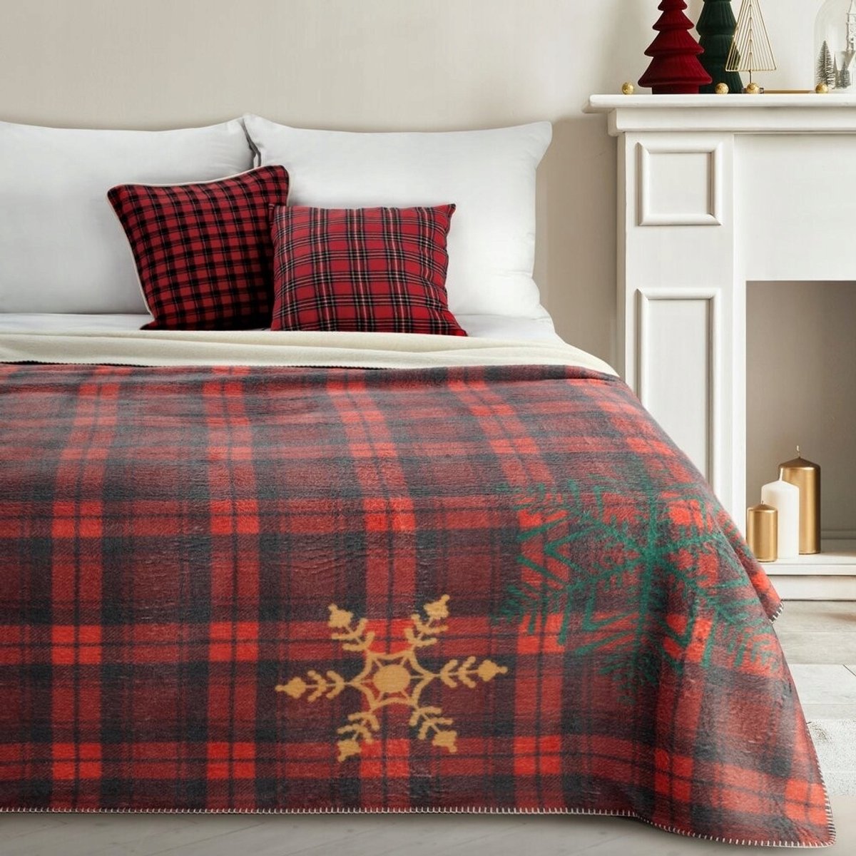 Kerstdeken CHERRY 200x220 ruit warm zacht dik sneeuwvlokken