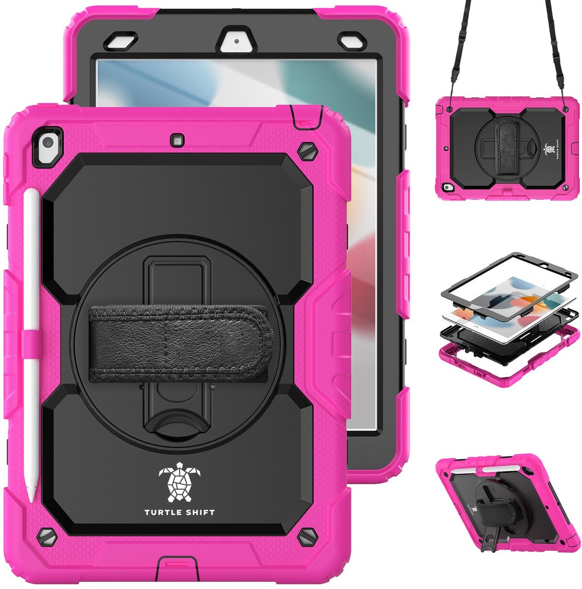 Geschikt voor iPad 9/8/7 Hoes - 9e/8e/7e Generatie - 10.2 Inch - 2021/2020/2019 - Turtle Shift Cover Hoesje - Schouderriem - Handriem - Shockproof - Met Standaard - Apple Pencil Houder - Roze