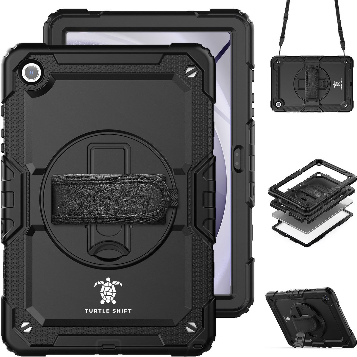 Hoes voor Samsung Galaxy Tab A11 Plus en Tab A9 Plus - 11 inch hoes met screen protector - Turtle Shift Cover Hoesje - Schouderriem - Shockproof - Met Standaard - Zwart