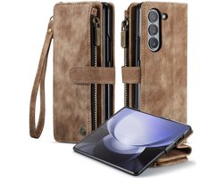 Geschikt Voor Samsung Galaxy Z Fold 6 Hoesje - Z Fold 6 Hoesje - Z Fold 6 Case - Backcover - Pu Leer - Met Polskoordje - Draadloos Opladen - Z Fold6 - Bruin