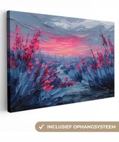 Canvas schilderij 120x80 cm - Wanddecoratie Schilderij - Zonsondergang - Bloemen - Rivier - Muurdecoratie woonkamer - Slaapkamer decoratie - Kamer accessoires - Schilderijen op canvas