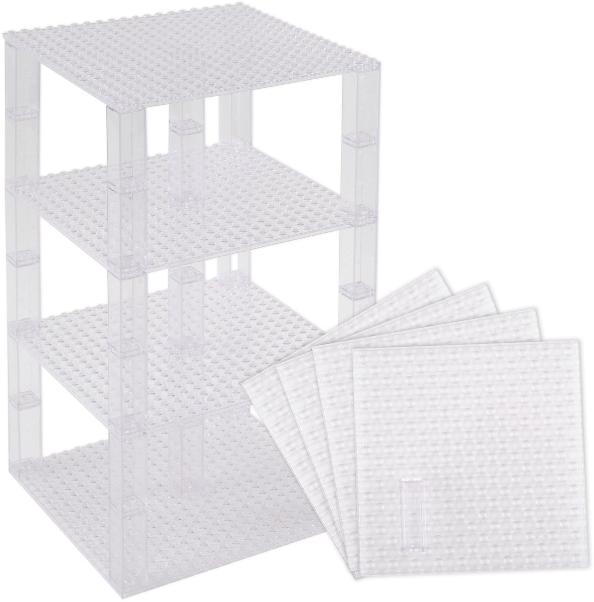 Brik Tower - Bouwplaten 15x15 cm - Doorzichtig en stapelbaar - 4 platen & 30 Stackers - 100% Compatibel met Grote Merken
