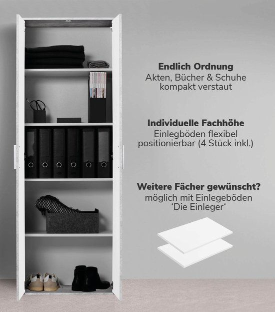 Grijze kast met betonlook, open interieur met planken, mappen, boeken en schoenen.