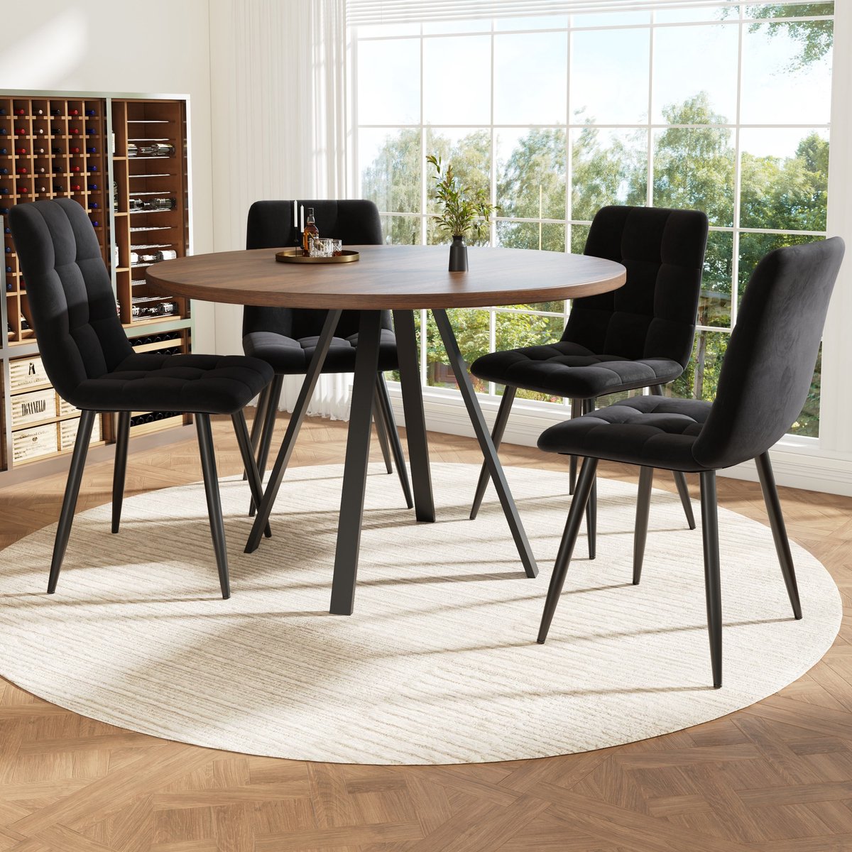 PHOEBE CAT Set tafel en stoelen - Ronde eettafel - 4 velvet stoel - Walnootlook - Metalen poten - Zwart