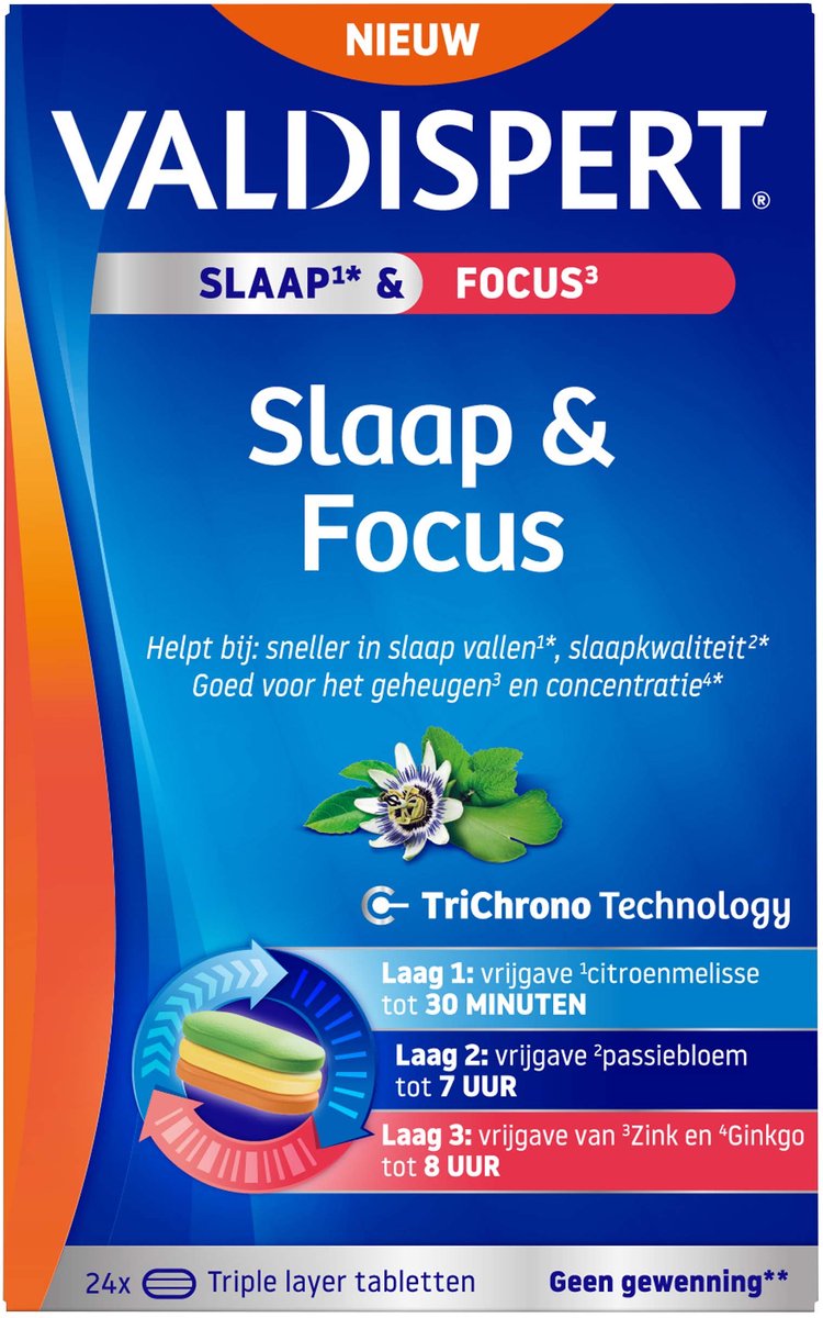 Valdispert Slaap & Focus - Citroenmelisse helpt bij sneller in slaap vallen* en passiebloem is goed voor de slaapkwaliteit* - Triple layer tabletten - Geen gewenning** - Voor volwassenen - 24 tabletten