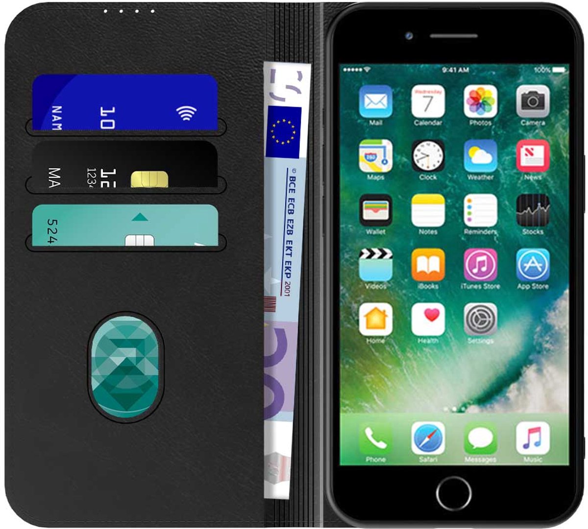 Geschikt voor iPhone 7/8 Telefoonhoesje Zwart Kunstleer Met Magnetische Sluiting - Portemonnee BookCase Met Pasjeshouder - ProtX