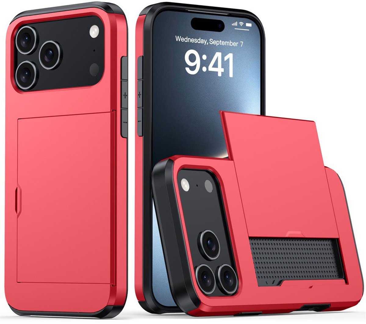 Mobiq - Hybrid Card geschikt voor iPhone 17 Pro Hoesje met Pashouder - rood