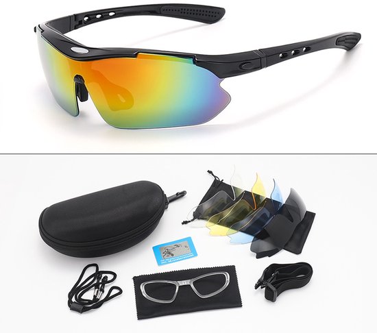Fietsbril, sportbril met UV-bescherming, met 5 verwisselbare lenzen, zwarte gepolariseerde lenzen, unisex zonnebril voor buitenactiviteiten zoals fietsen, hardlopen, klimmen, skiën