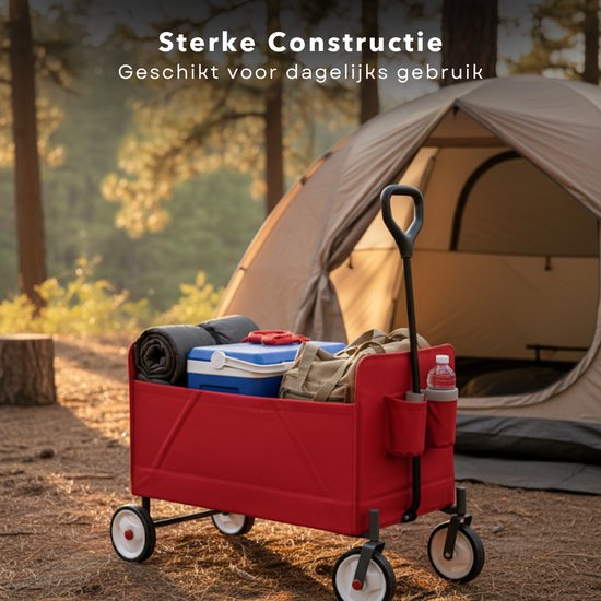 Cheqo® Opvouwbare Bolderkar - Bolderwagen - Rood - Opbergvak - Plat Opvouwbaar - Gemakkelijk Op Te Vouwen - 2 Bekerhouders - Transportkar - Eenvoudig Op Te Bergen - Strandkar van Cheqo — afbeelding 4