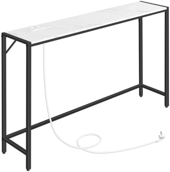 MAHANCRIS Consoletafel met Laadstation, 160 cm Slanke Banktafel, Industriële Inkomtafel met USB-Poorten, Bankbijzettafel voor Entree, Hal, Foyer, Woonkamer, Zwart ACTHB16UE01
