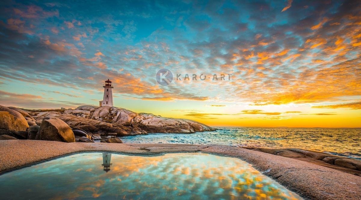 karo-art Schilderij - Peggy's cove vuurtoren zonsondergang , Multikleur , 2 maten , Wanddecoratie