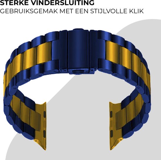 Stalen schakelband voor Apple Watch in blauw met gouden accenten. Metalen band met vlindersluiting.