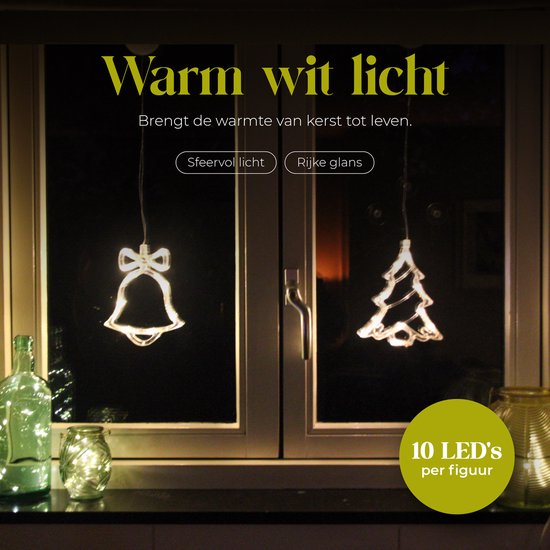 Kerstboom- en kerstbelvormige raamverlichting met warm wit licht, 10 LED's per figuur.