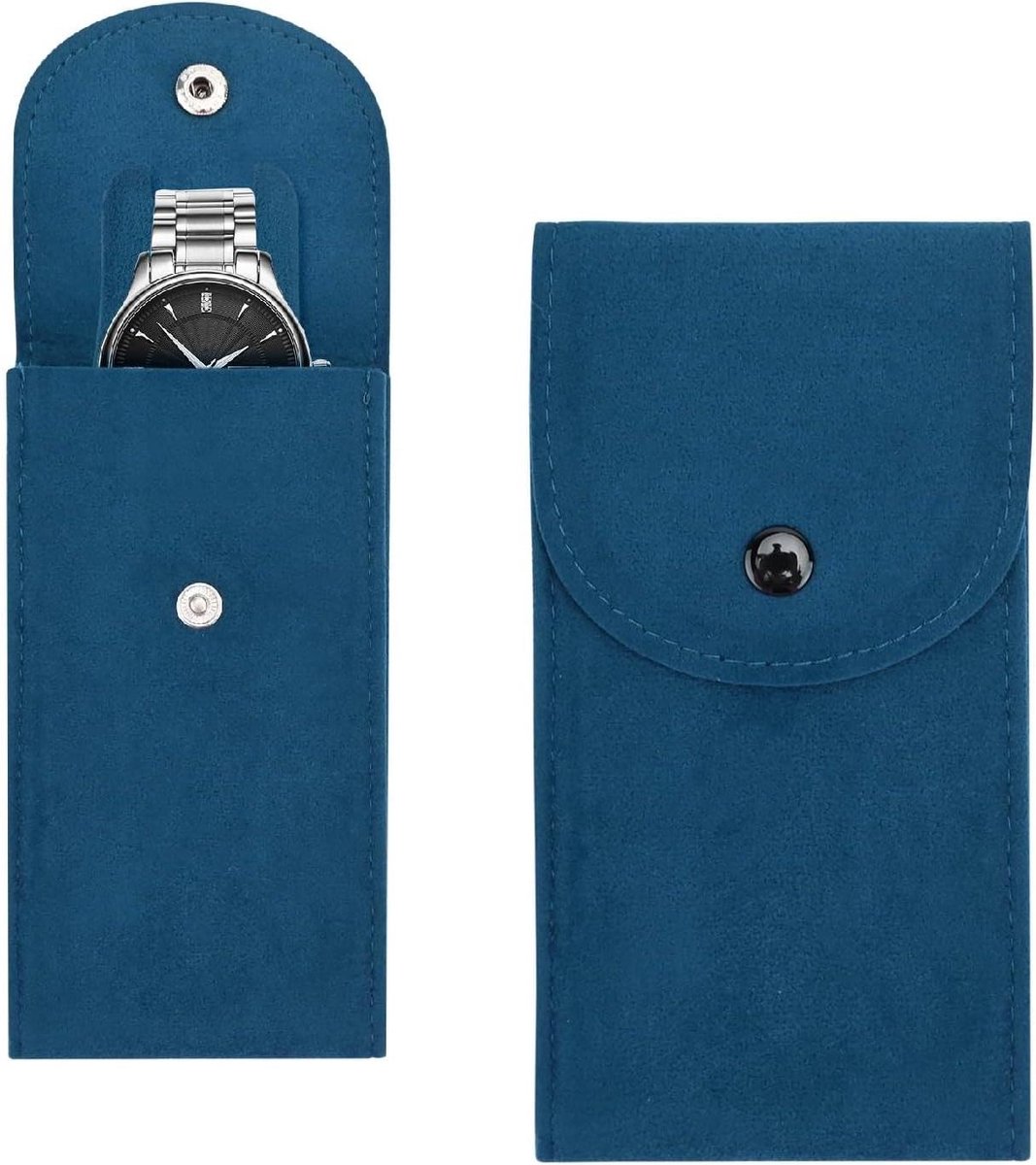 Premium Draagbare Horlogezakjes Set - Flanellen Opbergtas voor Horloge - Reisetui met Drukknop - Heren en Dames - Donkerblauw - 2 Stuks