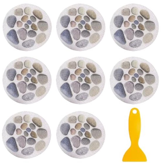 8 autocollants antidérapants ronds avec des galets et une spatule jaune.
