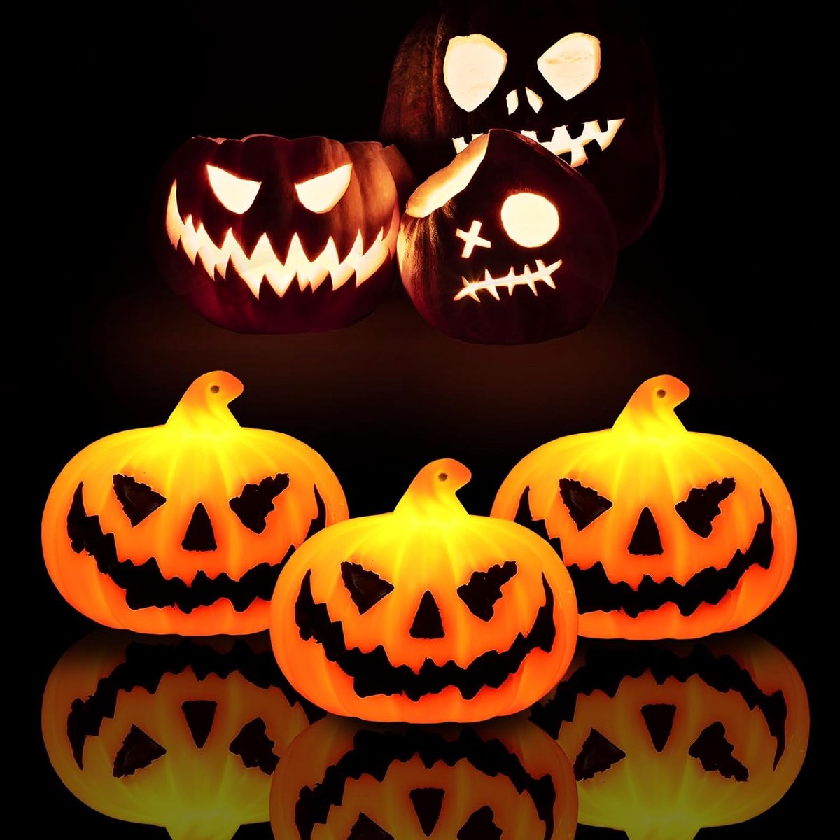 Daity 3 stuks decoratieve Halloween-kaarsen voor binnenhuisdecoratie - mini vlamloze Jack-O-Lantern pompoenkaarsen voor Halloween-feestbenodigdheden - cadeaus - tafeldecoraties - Halloween-theelichtjes met spookgezicht