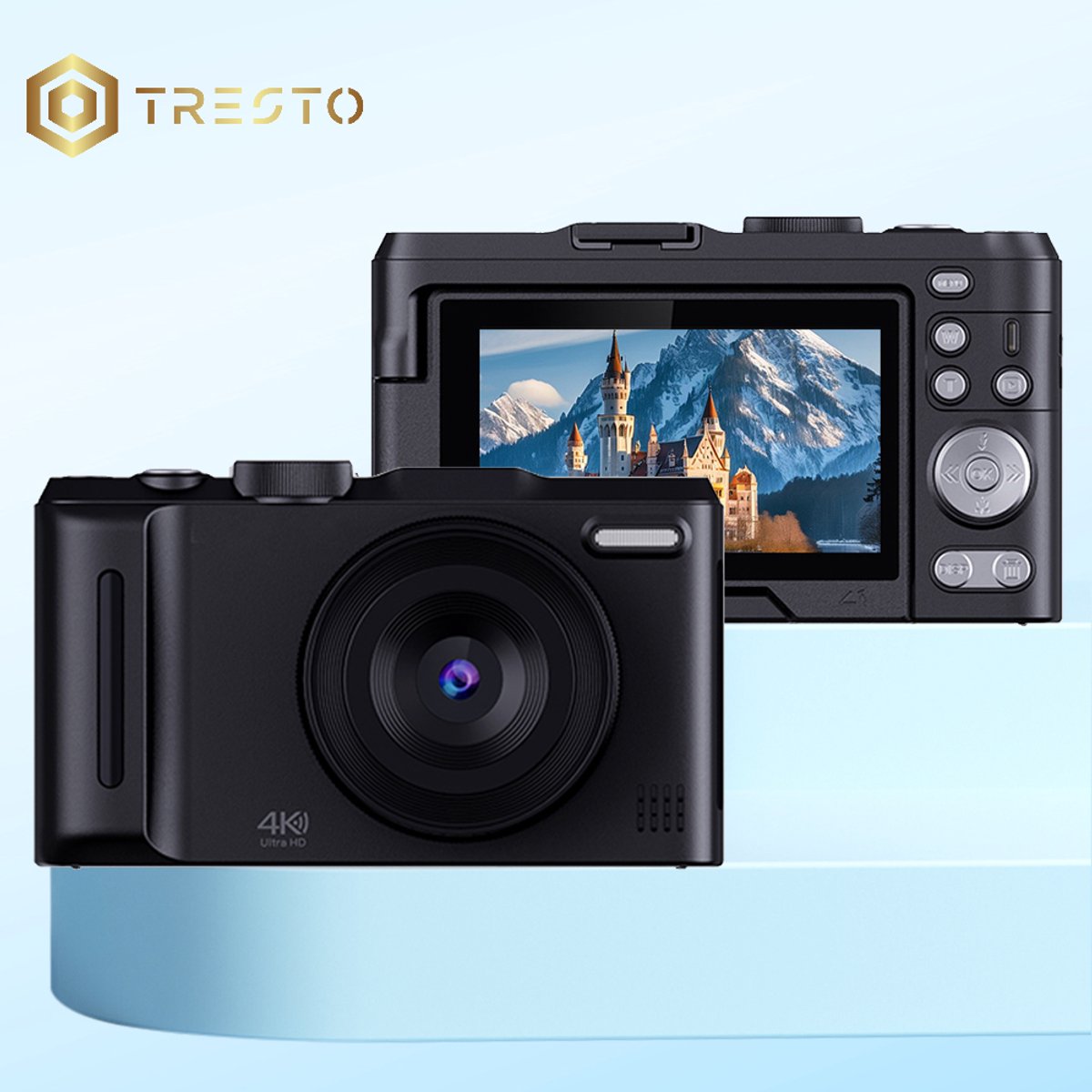 TRESTO - 4K Digitale Camera - 64 MP 18x Digitale Zoom - Autofocus Videocamera met 3 Inch Flip-scherm - Compacte Anti-shake Vlogcamera - voor Live Streaming Reisfotografie - 64 MP - Autofocus - Zwart