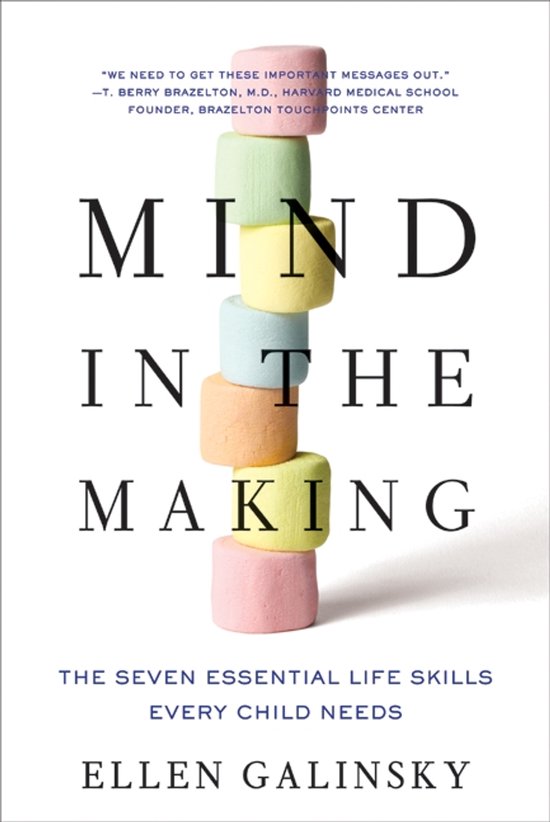 Boek met de titel 'MIND IN THE MAKING'. Stapel gekleurde marshmallows met tekst.