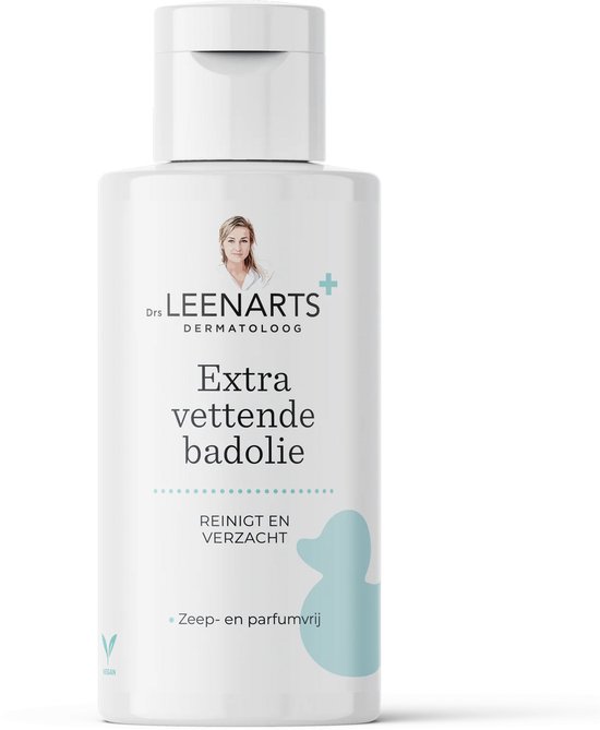 Witte fles met portret van Dr. Leenarts en tekst 'Extra vettende badolie', reinigt en verzacht, zeep- en parfumvrij.