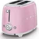 Roze SMEG broodrooster met zilverkleurige details en bedieningsknop.