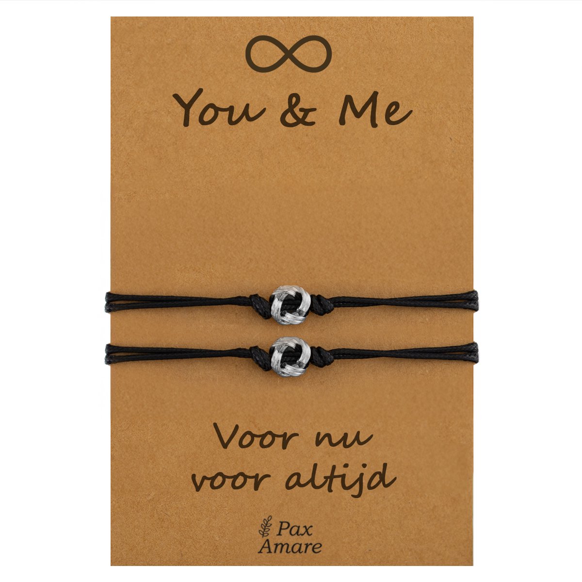 Vriendschapsarmbandjes voor 2 " You & Me ∞" - Knoopjes - BFF Armbandjes met Persoonlijk Cadeau Kaartje - Zilverkleurig - Elastisch Verstelbaar - Pax Amare