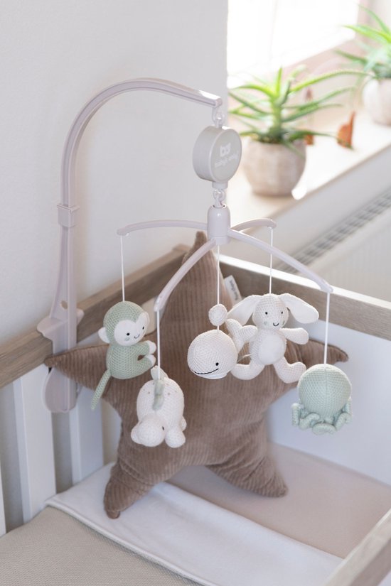 Baby's Only Muziekmobiel baby Animals - Boxmobiel - Laurel Green/Warm Linen - Gebreide figuurtjes - Muziek speelgoed - Melodie 'It's a small world' van Baby's Only — afbeelding 4