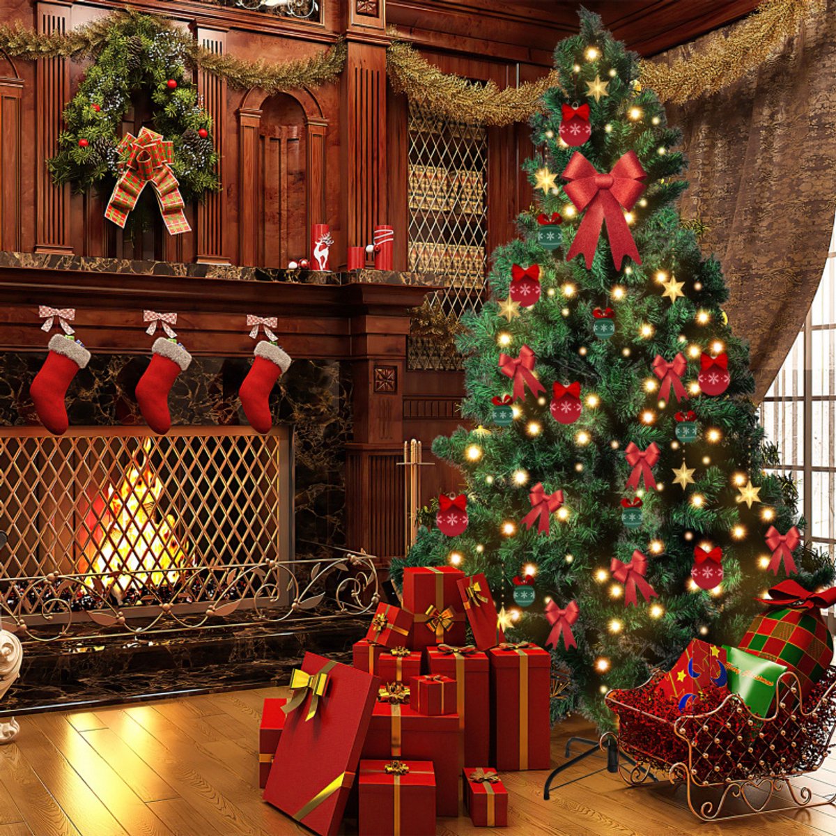 Luxe 210 cm kunstkerstboom met LED-verlichting voor feestelijke kerstsfeer.