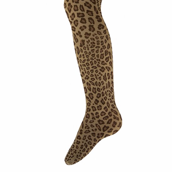 Beige panty met bruine luipaardprint, van teen tot dijbeen.
