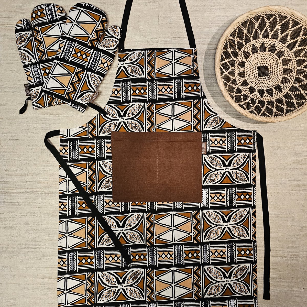 Keuken Schort en Set van 2 Ovenwanten | Afrikaanse Boheemse Stijl Geometrische 'Mudcloth' Bogolan Geïnspireerd Druk Schort