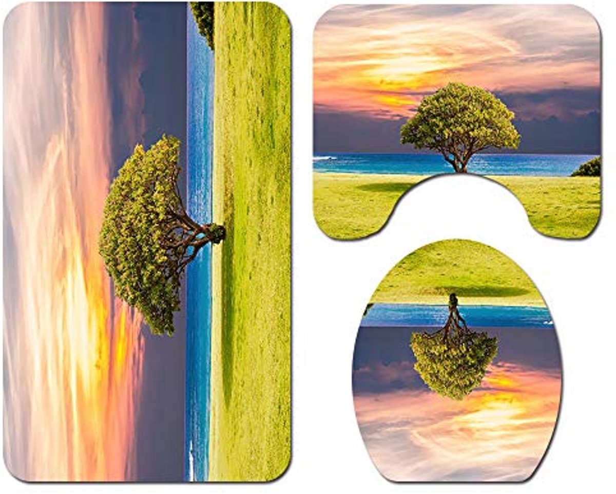 Antislip Polyester Badmat Set met Voetstuk en WC-Bril Cover - Natuurlijke Landschapsdruk