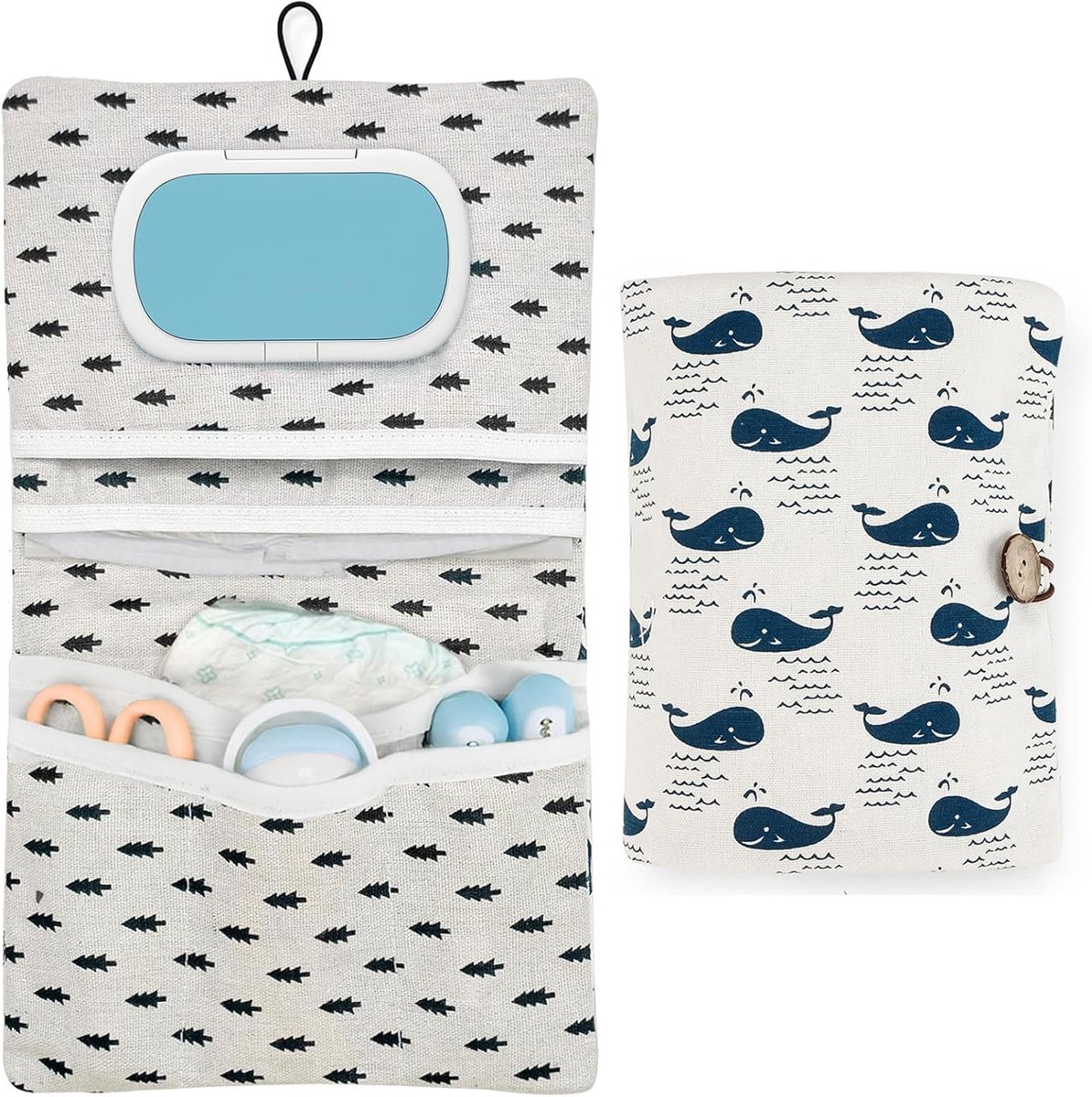 Image of 1 Luiertas met walvispatroon - Opgevouwen 22 × 18 cm - Uitgevouwen 22 × 37 cm - 2-in-1 - Opbergtas voor cosmetica - Herbruikbaar - Lichtgewicht en draagbaar - Geschikt voor reizen, thuis, kamperen, buiten en op reis