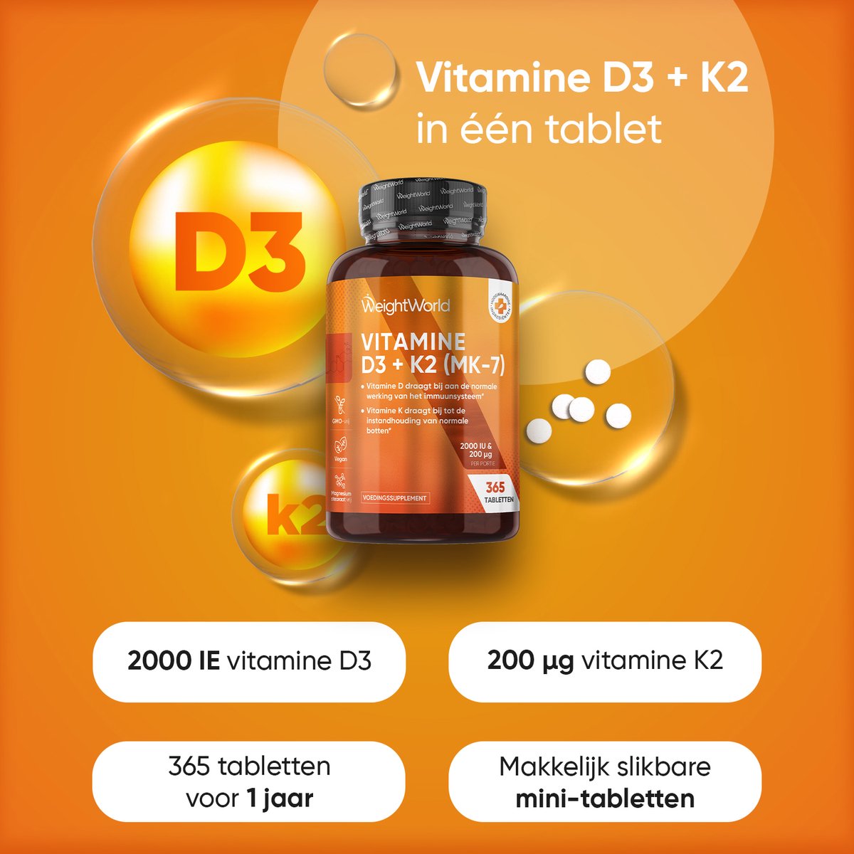 Vitamine D3 + K2 (MK-7) tabletten - 2000 IE + 200mcg - 365 tabletten voor 1 jaar voorraad - Vitamine D supplement van WeightWorld — afbeelding 2