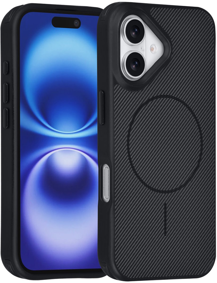 TUNIQ Back cover voor iPhone 16 - MagSafe - Carbon Fiber - Antishock - Zwart