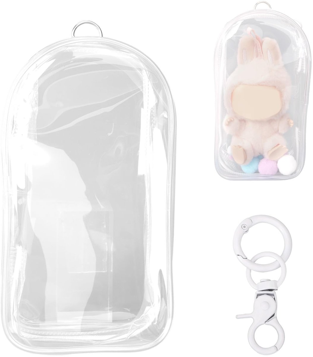 2 Stuks Beschermhoes voor Poppen, 19,5 x 10,5 cm Waterdichte PVC-Tas met Doorzichtige Figuren met Pompons en Sleutelhanger Displaydoos voor Poppen