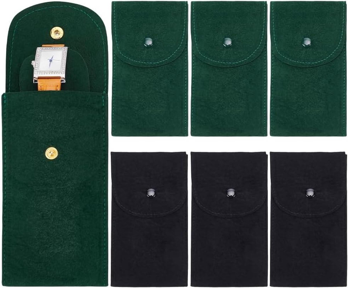 Allecto plus - Draagbare fluwelen horlogetas voor mannen en vrouwen - 6 stuks - Groene en zwarte horloge opbergtas - Reisetui - Cadeauzakje - Sieraden - 14,2 x 7,9 cm