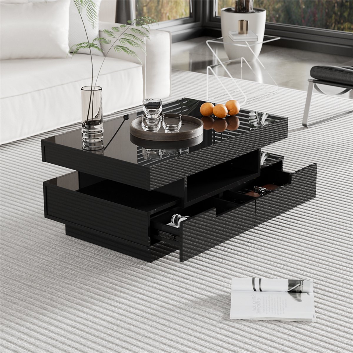YEHTOKHOME Hoogglans Salontafel zwart - Koffietafel met opbergruimte en LED Verlichting - Bijzettafel met 4 lades - 80x50x36 cm
