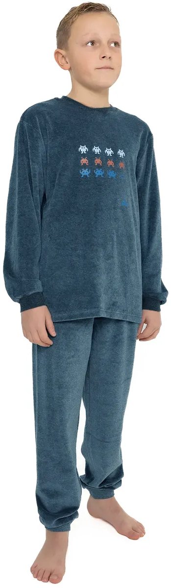 Outfitter velours jongens pyjama - Shoot - 140 - Blauw