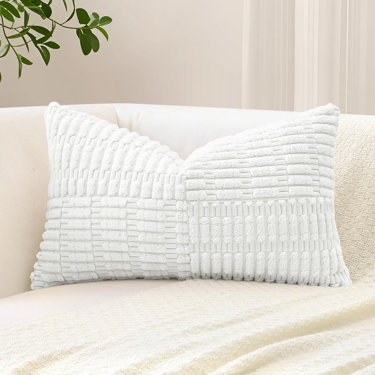 Ibenzoa Zachte corduroy kussensloop met gestreept patroon voor sfeervolle woondecoratie wit